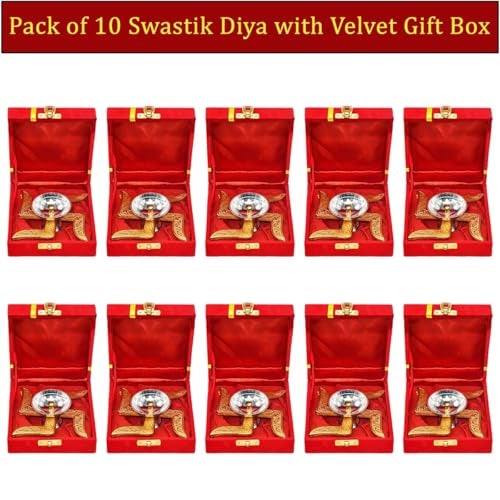 Saugat Traders Bulk Marriage Return Gifts Pack of 10 Swastik Diya with Velvet Gift Box Bulk Return Gifts for Wedding Housewarming Pooja Function Gift Items - Image 2