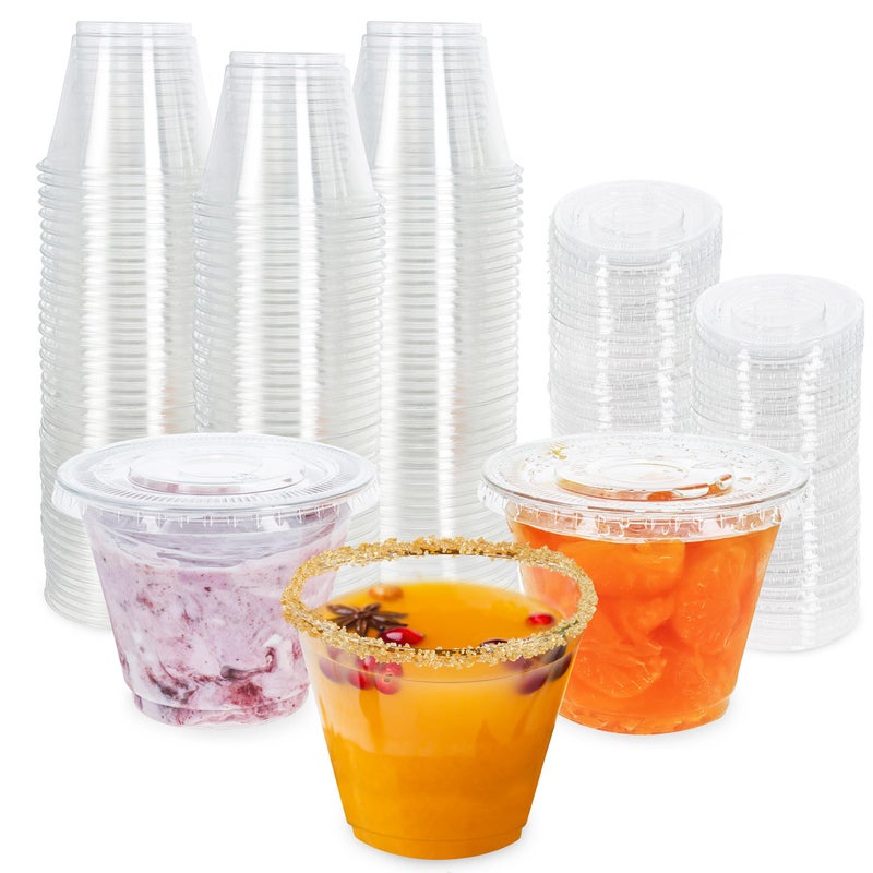 Lot45 Plastic Dessert Cups with Lids  100pk 9 oz Disposable Clear Plastic Cups and Lids for Party Drink and Appetizer