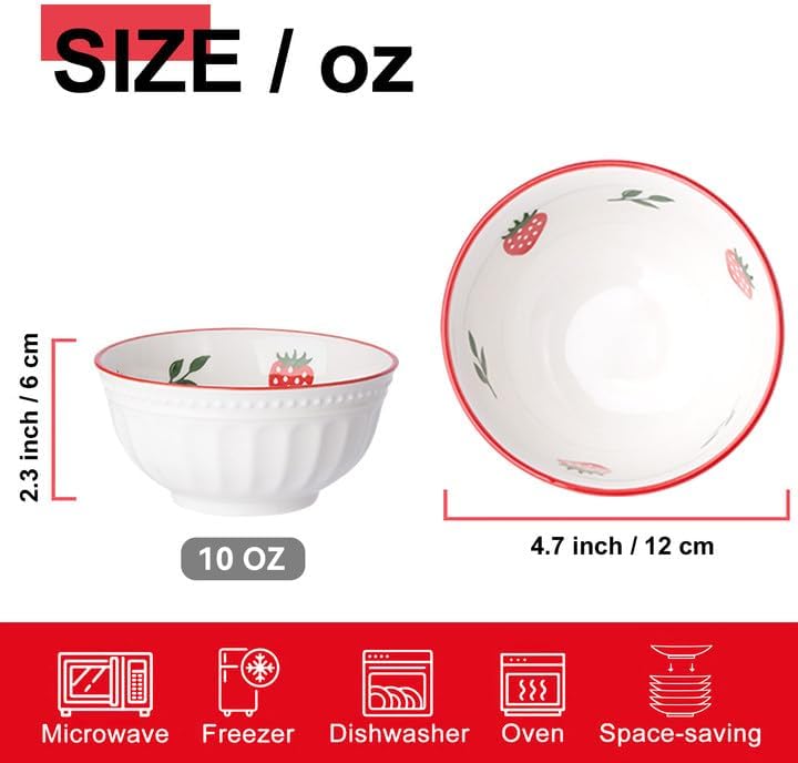 CHILDIKE 10 oz Small Cereal Bowls Set of 4 Dessert Bowls for Kids Ice Cream Soup Rice Fruit  Cute Strawberry Pattern - Image 3