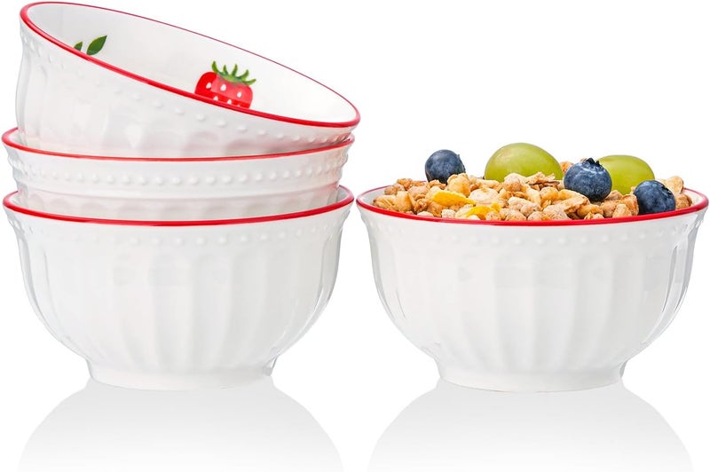 CHILDIKE 10 oz Small Cereal Bowls Set of 4 Dessert Bowls for Kids Ice Cream Soup Rice Fruit  Cute Strawberry Pattern - Image 1