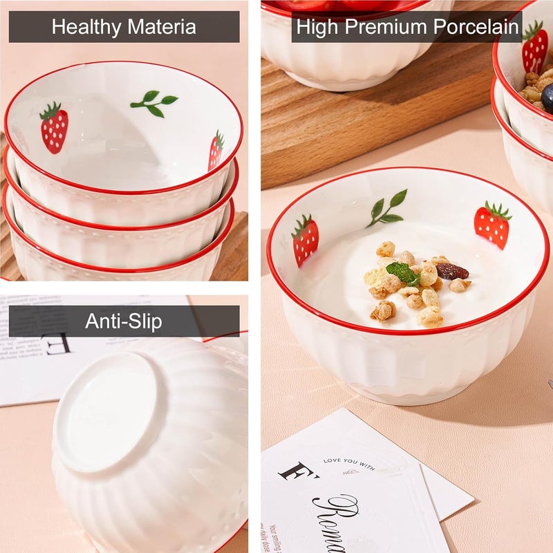 CHILDIKE 10 oz Small Cereal Bowls Set of 4 Dessert Bowls for Kids Ice Cream Soup Rice Fruit  Cute Strawberry Pattern - Image 5