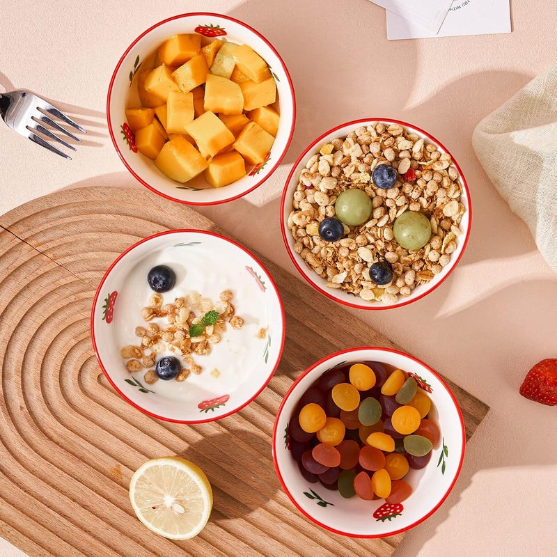 CHILDIKE 10 oz Small Cereal Bowls Set of 4 Dessert Bowls for Kids Ice Cream Soup Rice Fruit  Cute Strawberry Pattern - Image 4