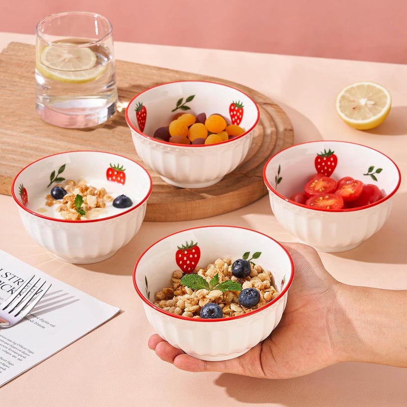 CHILDIKE 10 oz Small Cereal Bowls Set of 4 Dessert Bowls for Kids Ice Cream Soup Rice Fruit  Cute Strawberry Pattern - Image 2