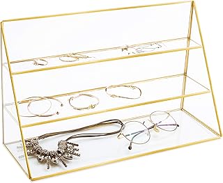 MyGift MyGift 3-Tier Retail Glass Jewelry Display Showcase with Gold-Tone Metal Frame  - Image 1
