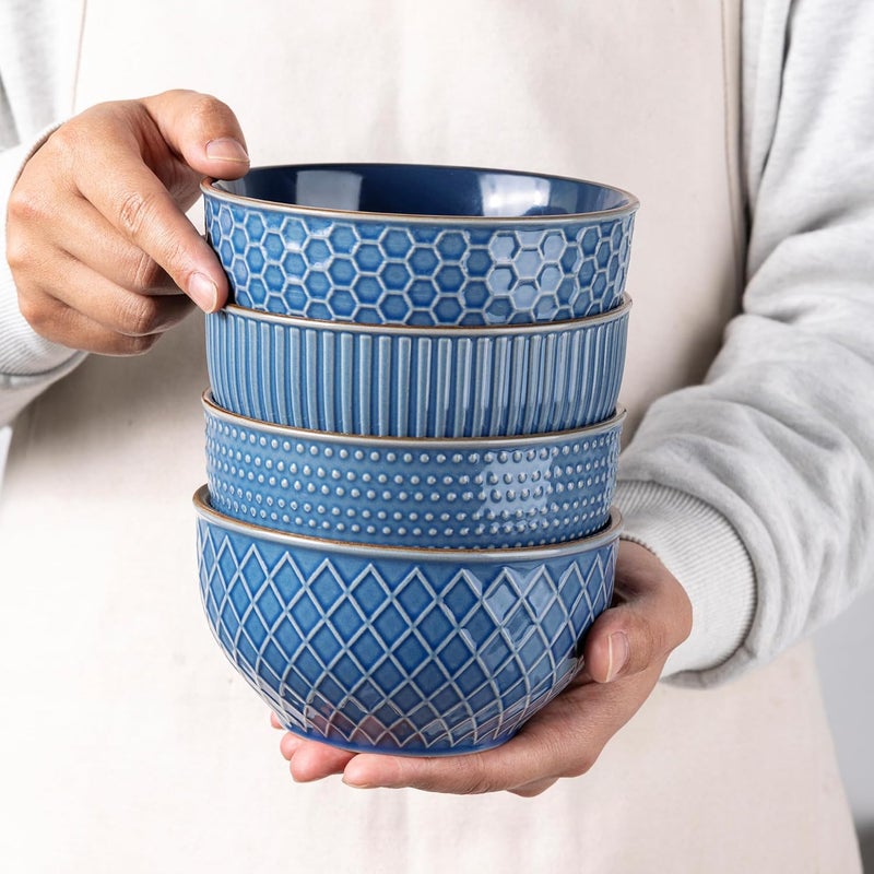 GBhome GBHOME Stoneware Cereal Bowls Set of 4 24 oz Ceramic Soup Bowls with Texture Patterns for SoupOatmealSnack Perfect for Wedding Housewarming Gift  Moonlight Blue  - Image 2