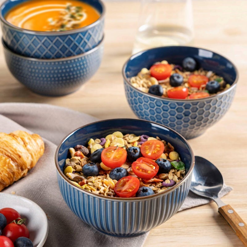GBhome GBHOME Stoneware Cereal Bowls Set of 4 24 oz Ceramic Soup Bowls with Texture Patterns for SoupOatmealSnack Perfect for Wedding Housewarming Gift  Moonlight Blue  - Image 3