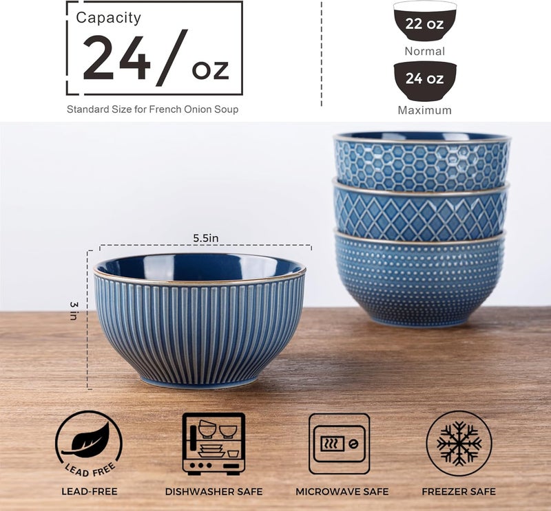 GBhome GBHOME Stoneware Cereal Bowls Set of 4 24 oz Ceramic Soup Bowls with Texture Patterns for SoupOatmealSnack Perfect for Wedding Housewarming Gift  Moonlight Blue  - Image 5