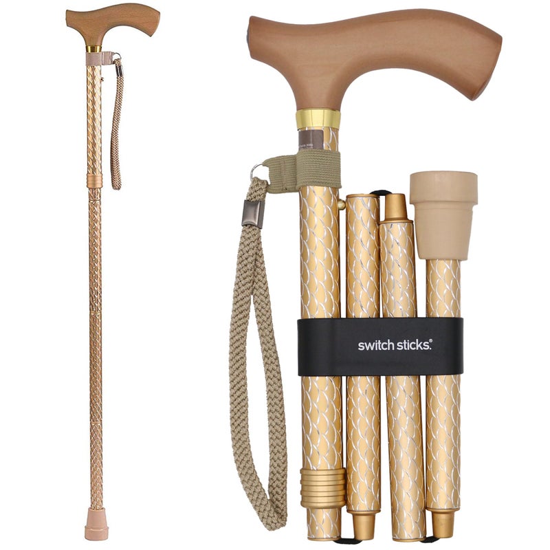 Switch Sticks Switch Sticks Folding Walking Cane For Women  Men  Adjustable 3237 In Lightweight With Ergonomic Wood Handle SlipResistant Rubber Tip Supports 264 Lbs  Canes For Women For Stability FSAHSA