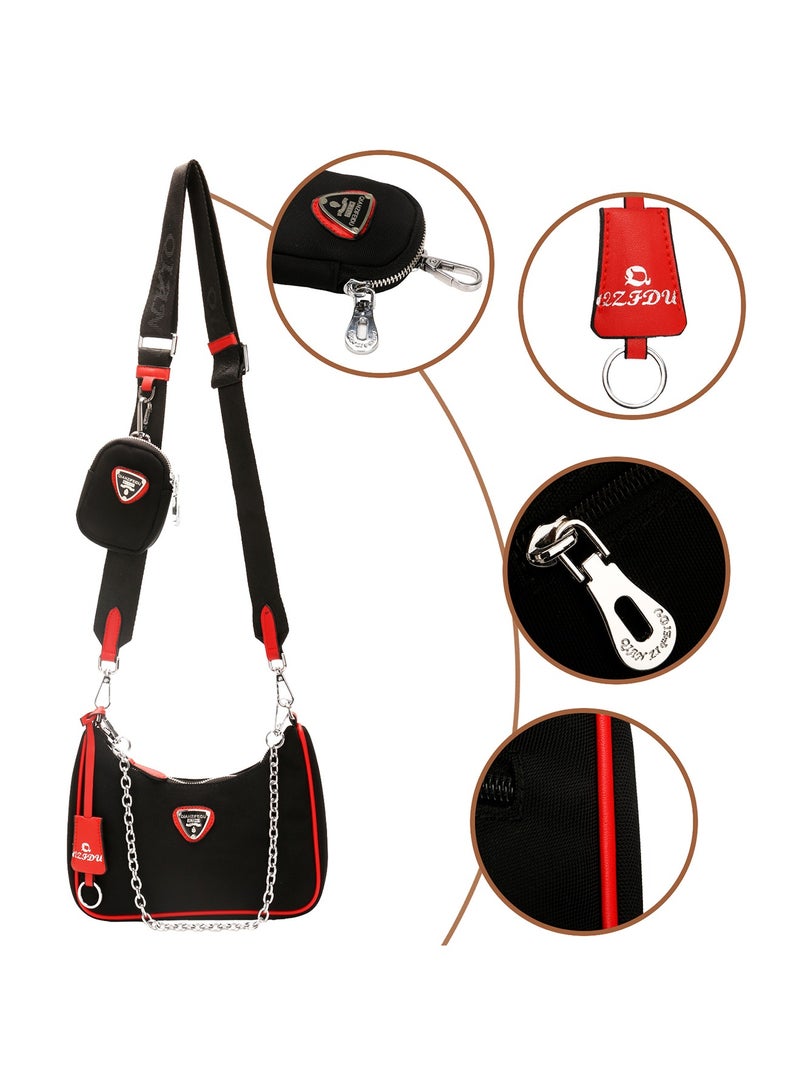 كادلين حقيبة اليد النايلون للنساء ، حقيبة اليد Tote ، حقيبة Satchel ، حقيبة الكتف العليا Zip ، المحافظ ، حزام قابل للتعديل (كيس أسود مع الحواف الحمراء) - Image 4