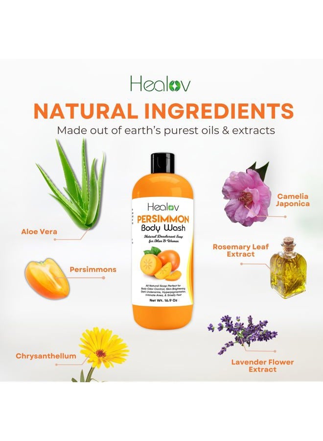 Healov Persimmon Body Wash for Body Odor Control – Purifying Deodorizing Soap for Eliminating Odor – Underarms, Intimate Inner Thigh, Bikini Area, Smelly Feet – Natural Deodorant Soap, Kids Safe - Image 5