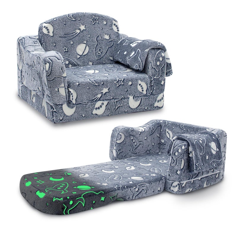 Airpanda Comfy Toddler Couch and Chair for Kids with Blanket 2in1 Soft Plush Fold Out Kids Sofa Chairs for Girls and Boys Convertible Sofa to Lounger for Playroom Glowing Starry Sky