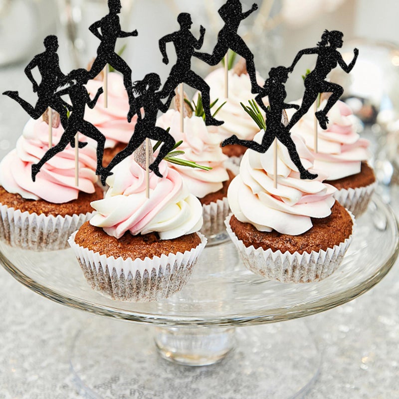 RSSTARXI 24 Pack Running Cupcake Topcake Topcake Black Glitter Sports Fitness Cupcake يختار الزخارف للرياضة موضوعًا للاستحمام الطفل بويز ديكورات كعكة عيد ميلاد الحفلات - Image 3