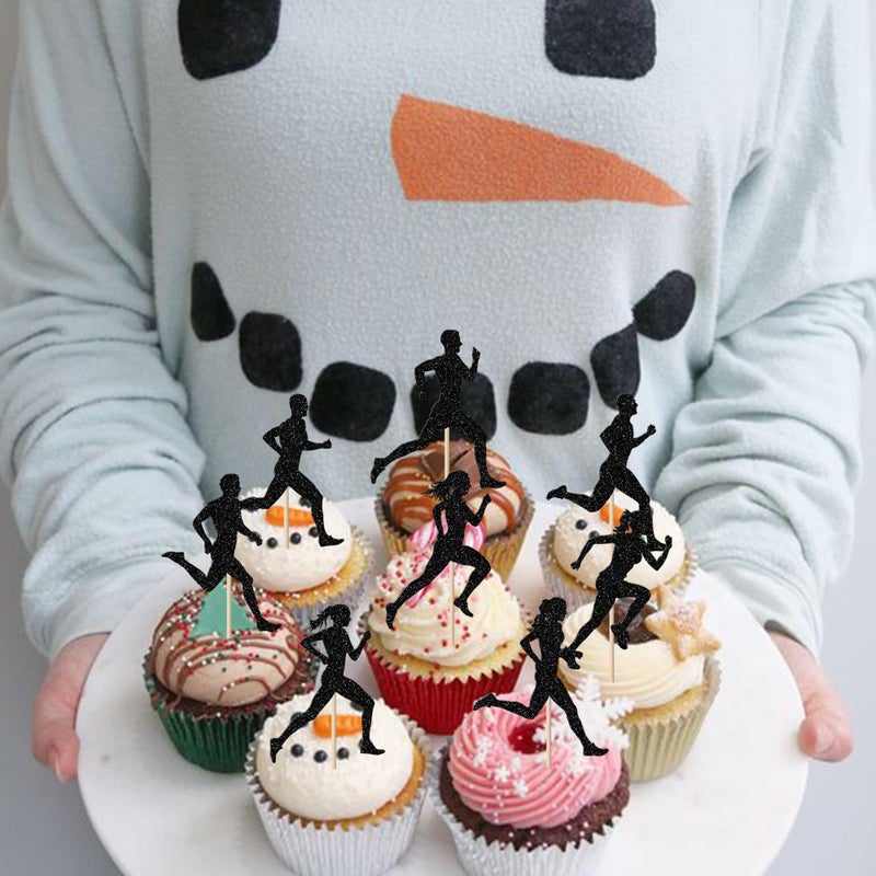RSSTARXI 24 Pack Running Cupcake Topcake Topcake Black Glitter Sports Fitness Cupcake يختار الزخارف للرياضة موضوعًا للاستحمام الطفل بويز ديكورات كعكة عيد ميلاد الحفلات - Image 4
