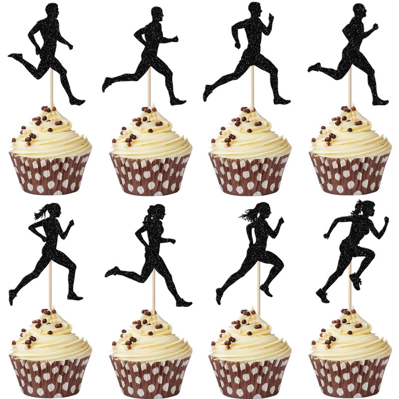 RSSTARXI 24 Pack Running Cupcake Topcake Topcake Black Glitter Sports Fitness Cupcake يختار الزخارف للرياضة موضوعًا للاستحمام الطفل بويز ديكورات كعكة عيد ميلاد الحفلات - Image 1