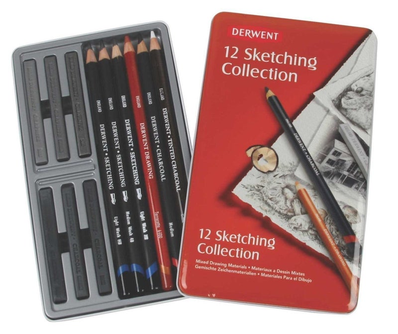 Derwent Sketching Pencil Mixed Media Collection Tin, Professional Quality Mixed Media Sketching Pencils - 34305 (Set Of 12), White - Image 1