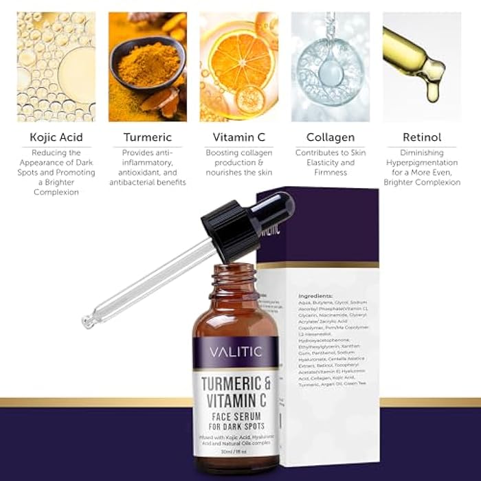 VALITIC Vitamin C Serum - Anti Aging and Dark Spot Remover for Face, Skin Care with Hyaluronic Acid, Collagen, Kojic Acid, Turmeric Oil - Brightening Face Serum 1 fl oz - Image 2