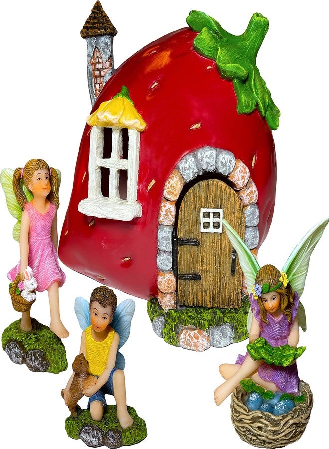 Mood Lab Fairy Garden - Fairy Strawberry House Set of 4 pcs - Miniature Figurines & Accessories - Outdoor or House Decor - Image 1