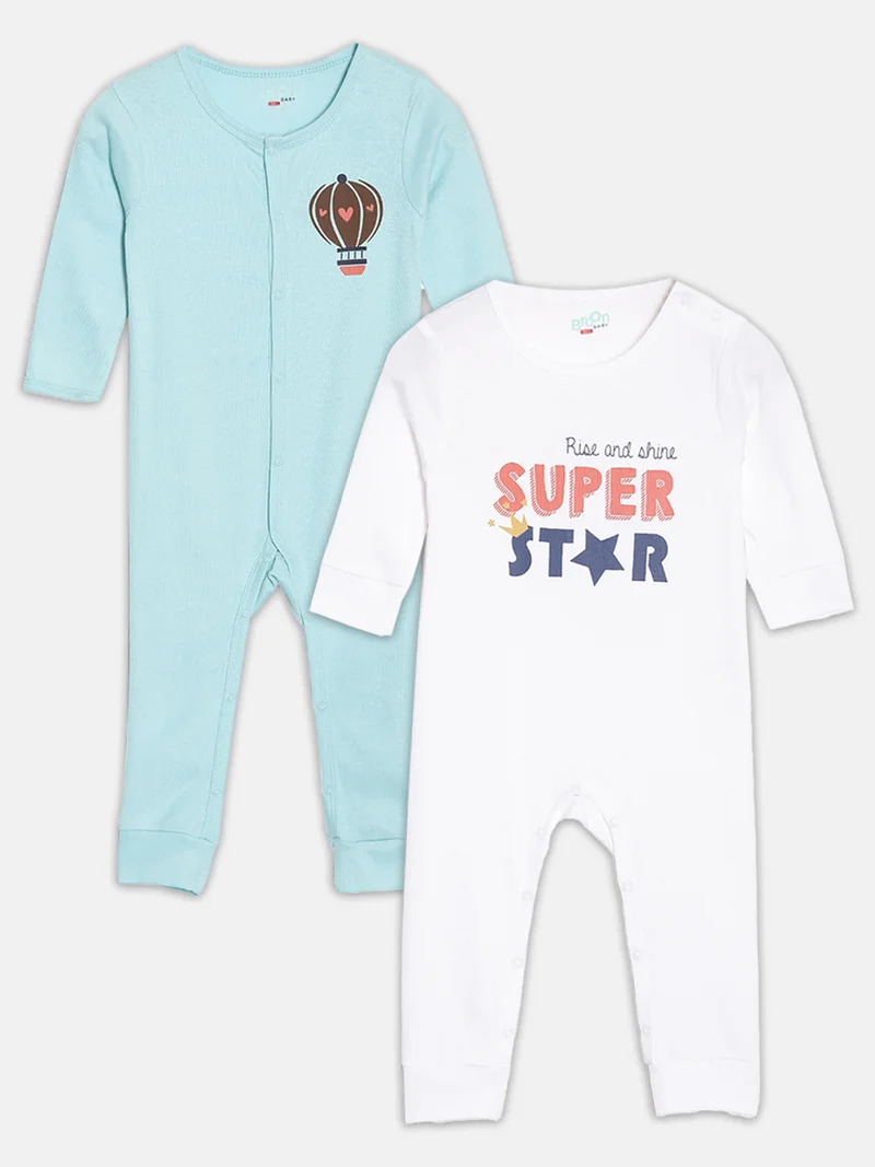 Broon Broon Infant Boys White and Sea Blue Printed Organic Cotton Sleepsuit Pack of 2