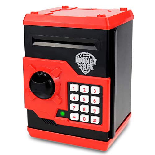 Qwifyu Piggy Bank for Boys Girls, Kids Safe Money Bank for 4 5 6 7 8 9 10 Year Old Girl Boy Birthday Gift,Electronic Password Money Saving Box ATM Safe Bank Toys for Kids (Black Red) - Image 1