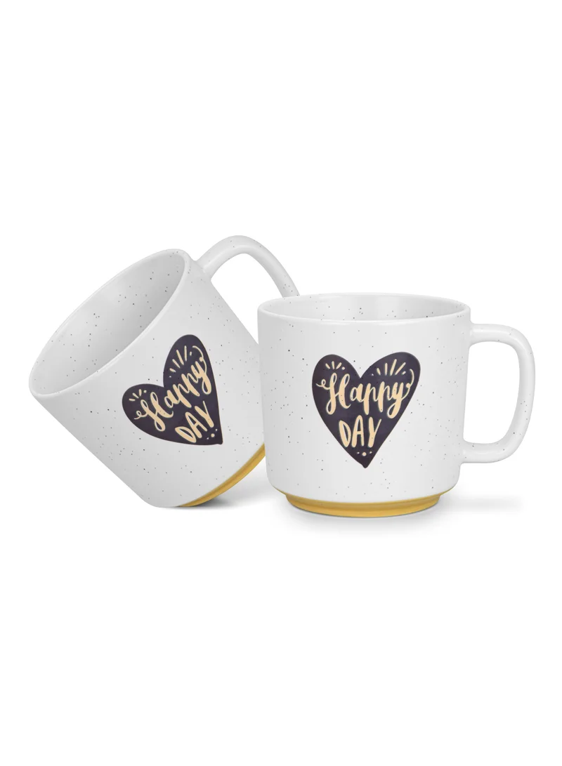 فيسمان 2-Piece Mugs 490ml Happy Day With Heart Coffee Mugs Set Couple Mug Valentines Day, New Bone China with Non Slip Bottom Coffee Cups for for Tea, Coffee, Present For Her/Him, Surprise Gift For Heart Day
