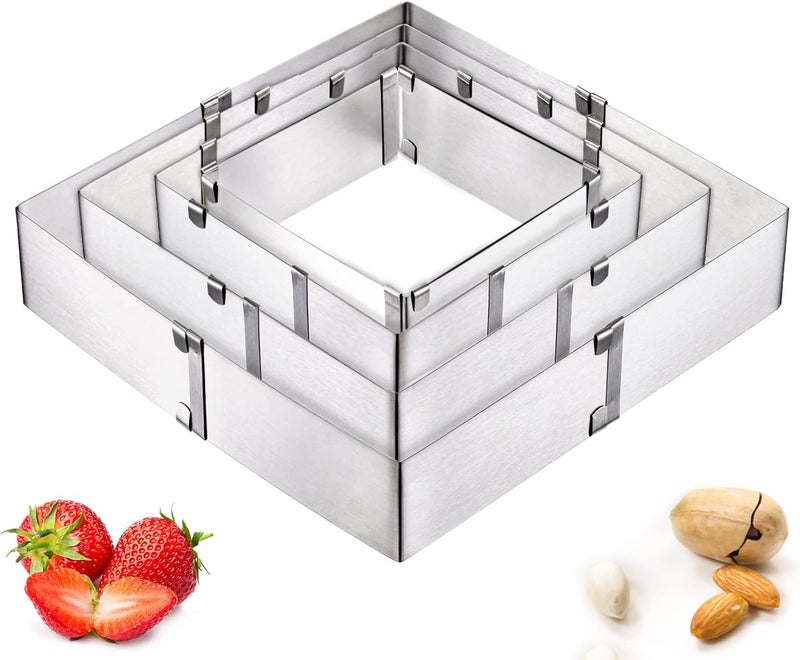 Youeon 4 Pack Square Molds, Ring Adjustable from 6" to 11", Stainless Steel Mousse Cake Ring, Baking Molds, Pastry Making Tool for Birthday Cake, Party Dessert, Handmade Snack - Image 1
