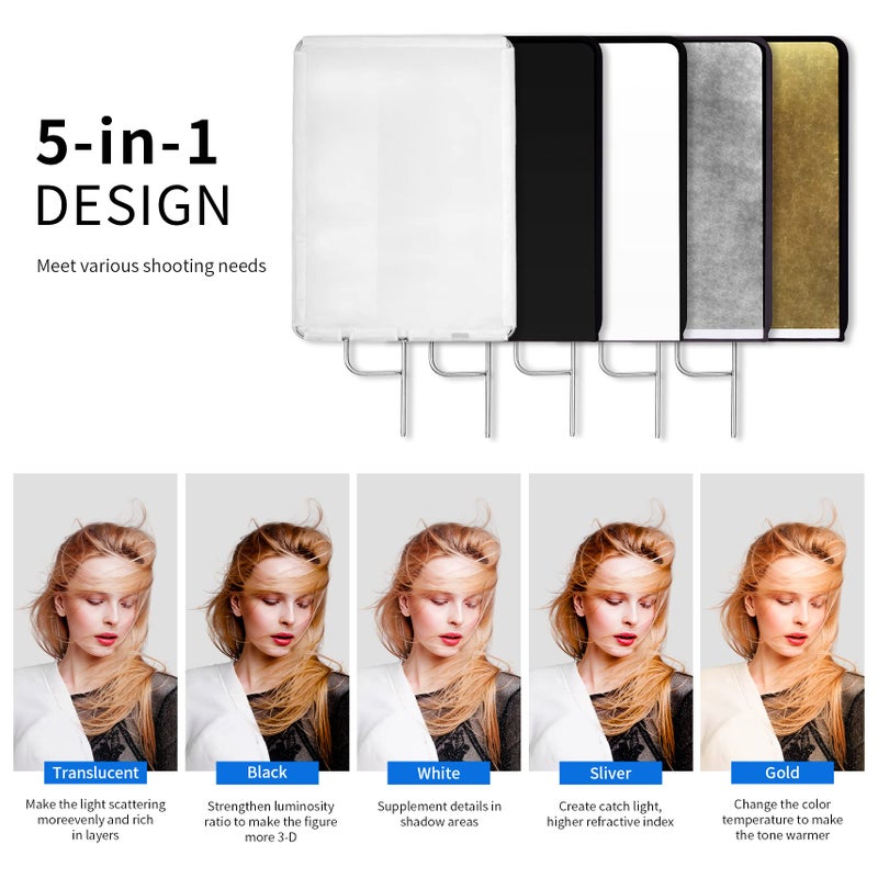 Selens 30"x35" Light Reflector Flag with Frame, 5-in-1 Cover Cloth and Diffuser Gold & Silver, Black & White for Studio Photography Lighting - Image 5