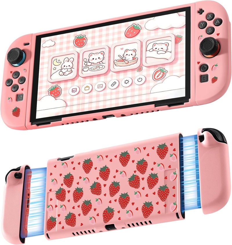 Jemdo Textured Grip Protective Case Compatible with Nintendo Switch 2 (2025) - Cute Pink Strawberry Design, Matte Shockproof TPU Shell with Anti-Slip Handles, Ergonomic & Comfort Slim Back Cover - Image 1