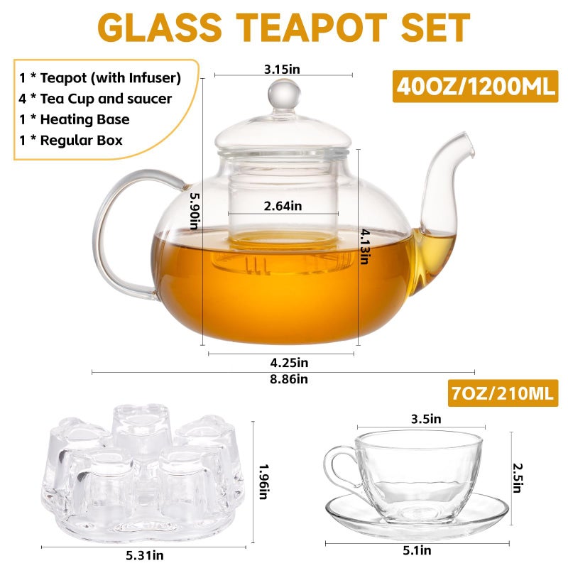 GURUDAR Glass Teapot Set, 40OZ/1200ml Stovetop Safe Glass Tea Kettle with Removable Infuser & Tea Warmer, Tea Cups and Saucers Set of 4, Blooming Tea & Loose Leaf Tea Maker Set for Women - Image 5