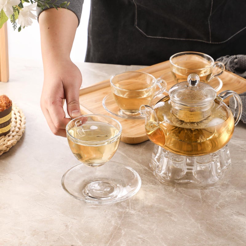 GURUDAR Glass Teapot Set, 40OZ/1200ml Stovetop Safe Glass Tea Kettle with Removable Infuser & Tea Warmer, Tea Cups and Saucers Set of 4, Blooming Tea & Loose Leaf Tea Maker Set for Women - Image 4
