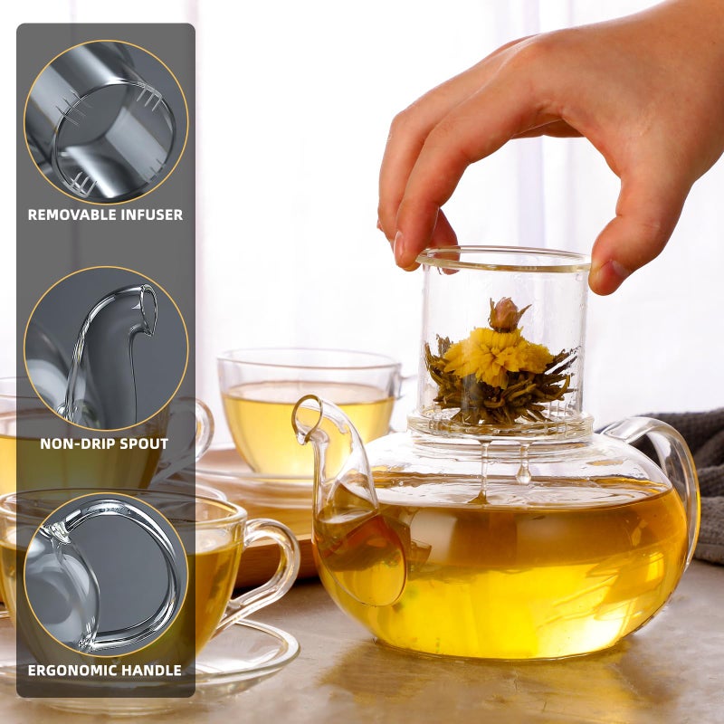 GURUDAR Glass Teapot Set, 40OZ/1200ml Stovetop Safe Glass Tea Kettle with Removable Infuser & Tea Warmer, Tea Cups and Saucers Set of 4, Blooming Tea & Loose Leaf Tea Maker Set for Women - Image 3
