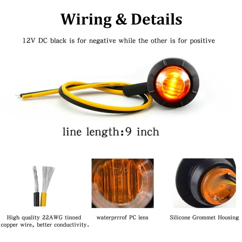 FXC 10x 3/4" Round LED Clearence Light Front Rear Side Marker Indicators Light for Truck Car Bus Trailer Van Caravan Boat, Taillight Brake Stop Lamp (Amber, 12V) - Image 4