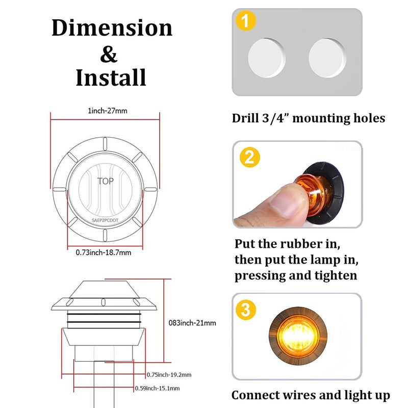 FXC 10x 3/4" Round LED Clearence Light Front Rear Side Marker Indicators Light for Truck Car Bus Trailer Van Caravan Boat, Taillight Brake Stop Lamp (Amber, 12V) - Image 5
