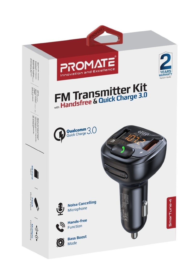 PROMATE - Promate Wireless FM Transmitter, In-Car Bluetooth V5.1 Transmitter Car Kit with 18W Quick Charge 3.0 Port, USB Media Port, Noise Cancelling Mic and LCD, SmarTune-4 - Image 1