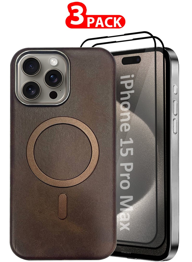 CATANES iPhone 15 Pro Max Leather Case 3 Pack, 1 Case 2 Screen Protectors, Compatible with Magsafe, Vintage Aesthetic, Comfort Grip, Camera Bump Frame  - Image 1