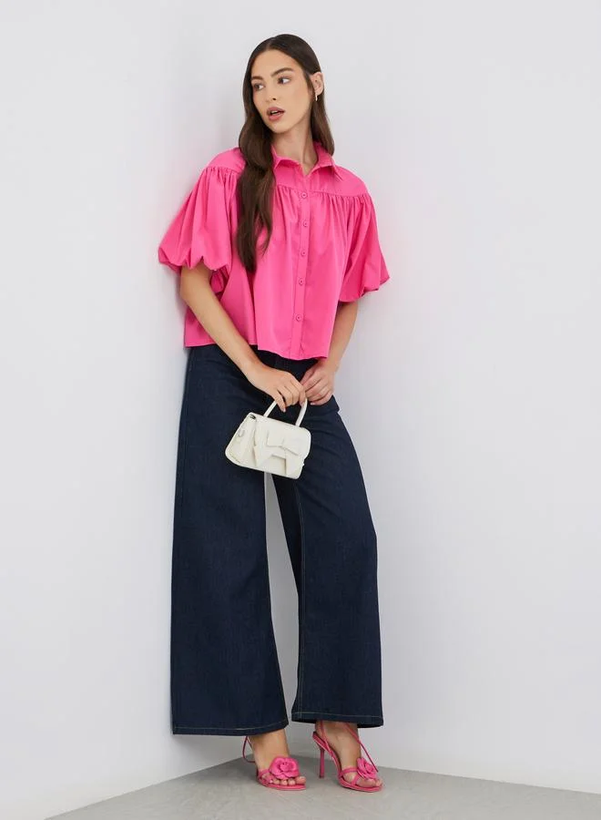 Take Two Take Two Solid Puff Sleeves Short Sleeves Oversized Shirt