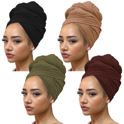 Kachanaa 4 Pieces Solid Color Stretch Knit Head Wrap Extra Long African Head Scarf Breathable Turbans for Black Women - Image 1