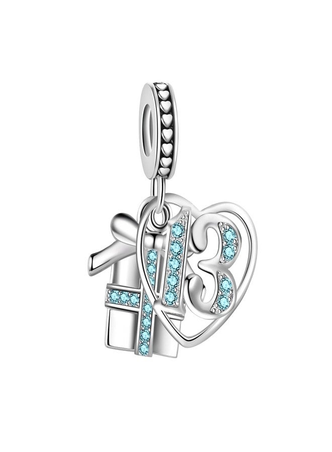 MiiFort Sparkling Gift Box 13 Birthday Anniversary Love Heart Dangle Charm fits Pandora Charms Moments Bracelets Celebration Bead Blue March Birthstones CZ - Image 1