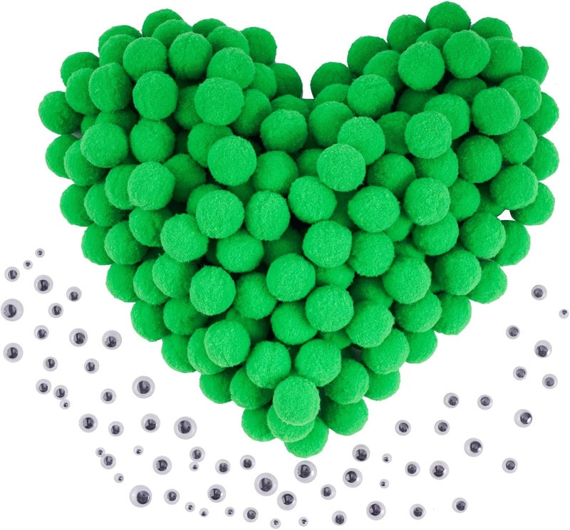 Caydo [400 pcs] - 300 Pieces 1 Inch Green Pompoms with 100 Pieces Wiggle Eyes, Arts and Crafts Pompom Balls for Kids DIY Art Creative Crafts Christmas Decorations - Image 1