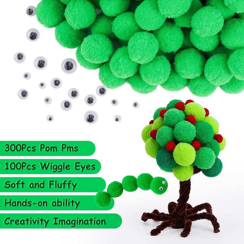 Caydo [400 pcs] - 300 Pieces 1 Inch Green Pompoms with 100 Pieces Wiggle Eyes, Arts and Crafts Pompom Balls for Kids DIY Art Creative Crafts Christmas Decorations - Image 3