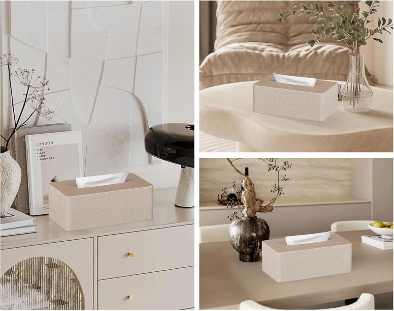 GOLRANLYE غطاء صندوق المناديل مستطيل 9.8 بوصة (طول) × 5.3 بوصة (عرض) × 4.3 بوصة (ارتفاع) حامل صندوق موزع المناديل الوجهية من الجلد PU الحديث والمكرر لزينة الخزانة والحمام (بيج) - Image 3