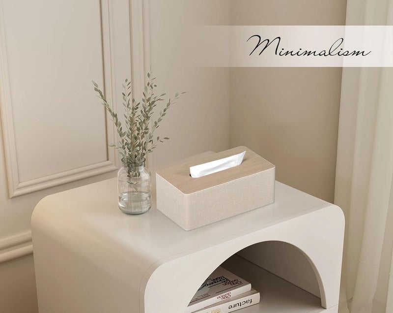 GOLRANLYE غطاء صندوق المناديل مستطيل 9.8 بوصة (طول) × 5.3 بوصة (عرض) × 4.3 بوصة (ارتفاع) حامل صندوق موزع المناديل الوجهية من الجلد PU الحديث والمكرر لزينة الخزانة والحمام (بيج) - Image 4
