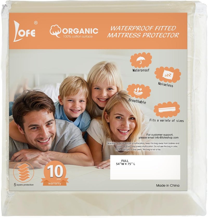 Lofe Organic Cotton Full Mattress Protector - Top&Side 100% Waterproof Mattress Protector, Breathable Organic Mattress Protectors, Noiseless Full Mattress Protectors Waterproof 75x54x17 in - Image 1