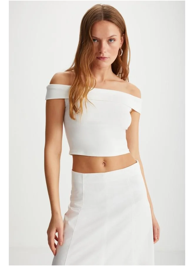 GRIMELANGE Grimelange Shann Women's Off-Shoulder Bardot Neck Short Sleeve White Blouse