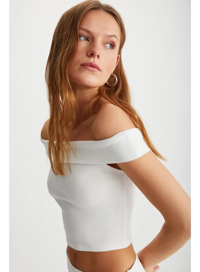 GRIMELANGE Grimelange Shann Women's Off-Shoulder Bardot Neck Short Sleeve White Blouse