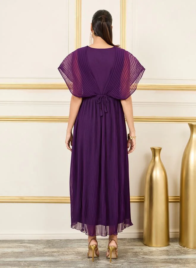 Styli Sequin Detail Pleated Cape Sleeves A-Line Maxi Dress