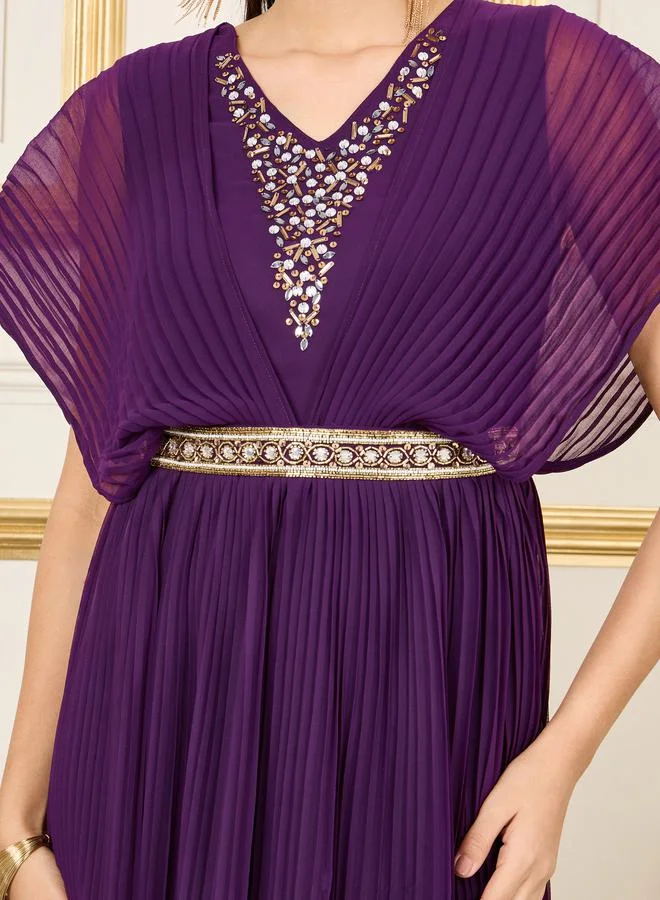 Styli Sequin Detail Pleated Cape Sleeves A-Line Maxi Dress