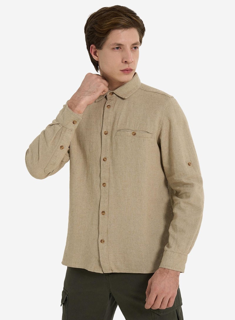 Outventure Men's Coffee Shirt – Linen and Viscose, Breathable Fabric, Straight Cut for Comfort, Roll-Up Sleeves, Pocket for Essentials - Image 1