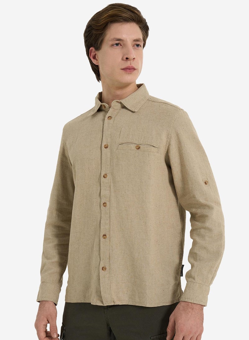 Outventure Men's Coffee Shirt – Linen and Viscose, Breathable Fabric, Straight Cut for Comfort, Roll-Up Sleeves, Pocket for Essentials - Image 3
