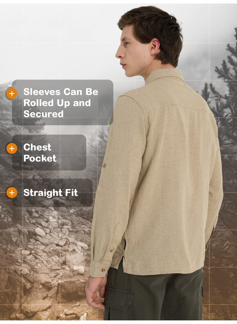 Outventure Men's Coffee Shirt – Linen and Viscose, Breathable Fabric, Straight Cut for Comfort, Roll-Up Sleeves, Pocket for Essentials - Image 2