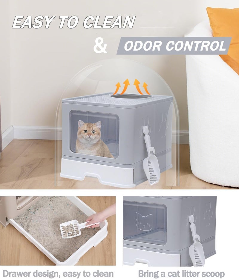 NeoStyle Cat Litter Box，Foldable Extra Large Free in and Out/One-Way Liiter Box with Lid, Drawer Type Enclosed Kitty Litter Box,Cat Box with Scoop, Odor Control, Easy to Clean (Grey Square Door) - Image 4